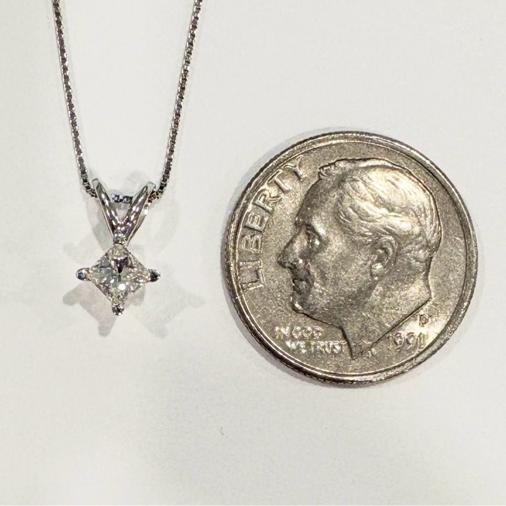 Vintage 14K White Gold Diamond Solitaire Necklace: Princess Cut Dainty Pendant - Picture 9 of 11